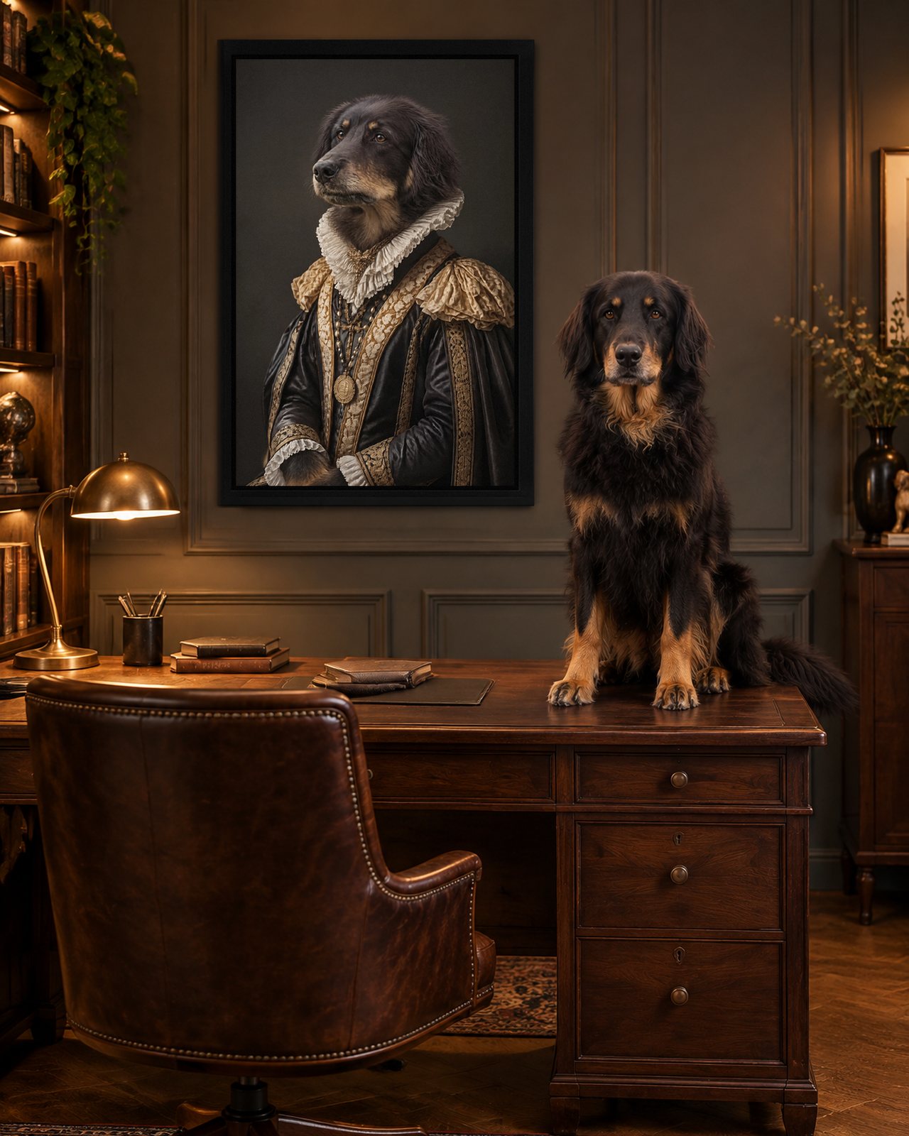 Renaissance Duke portrait on canvas in a black floating frame in a dark-panelled study, with the dog beside it