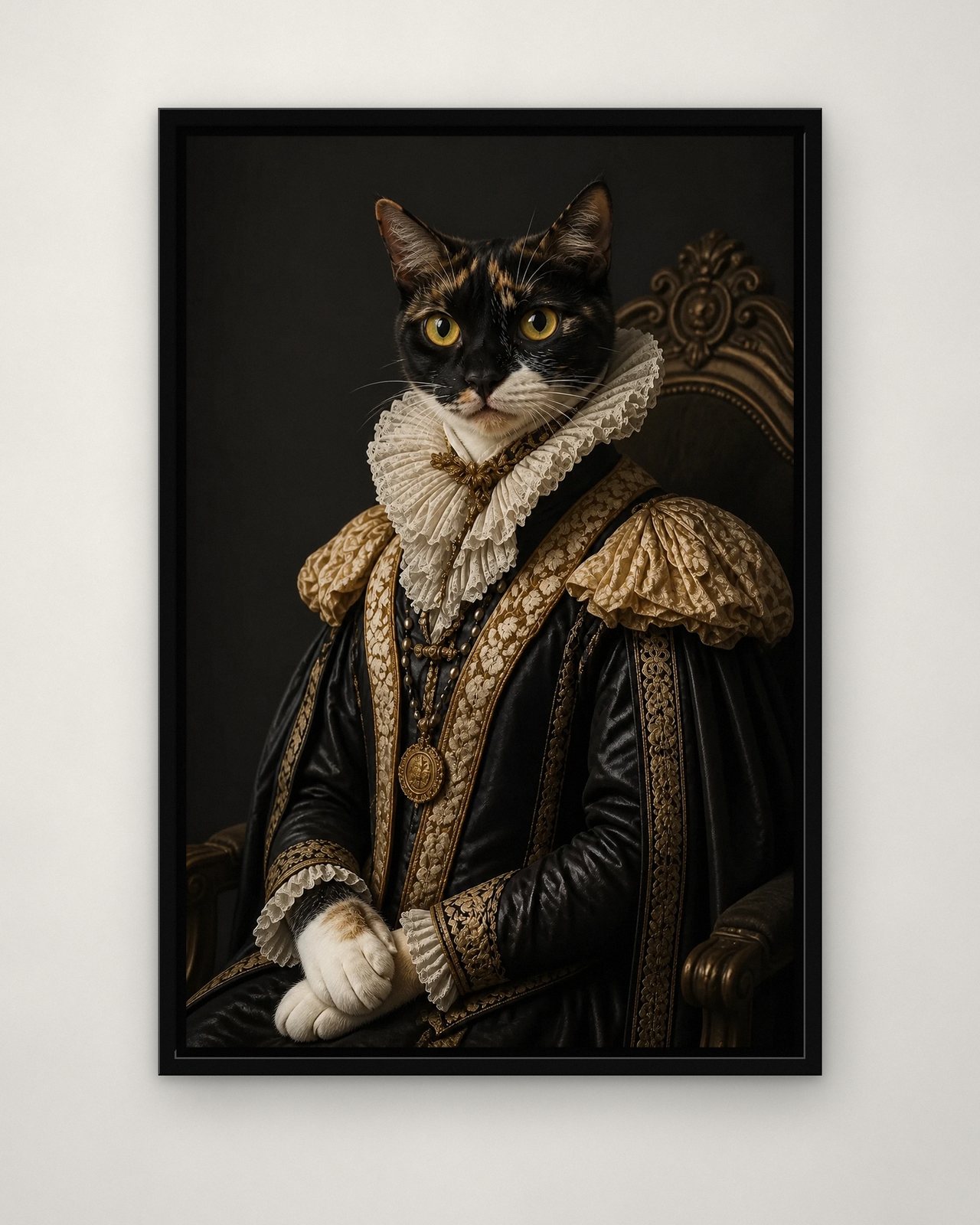 Renaissance Duke portrait on canvas in a black floating frame on a plain wall