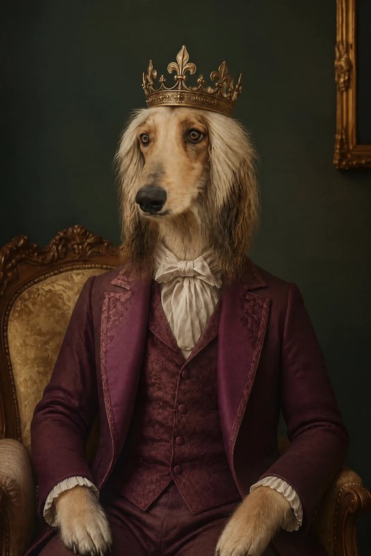 The Regency Gentleman look made with a cream Afghan hound