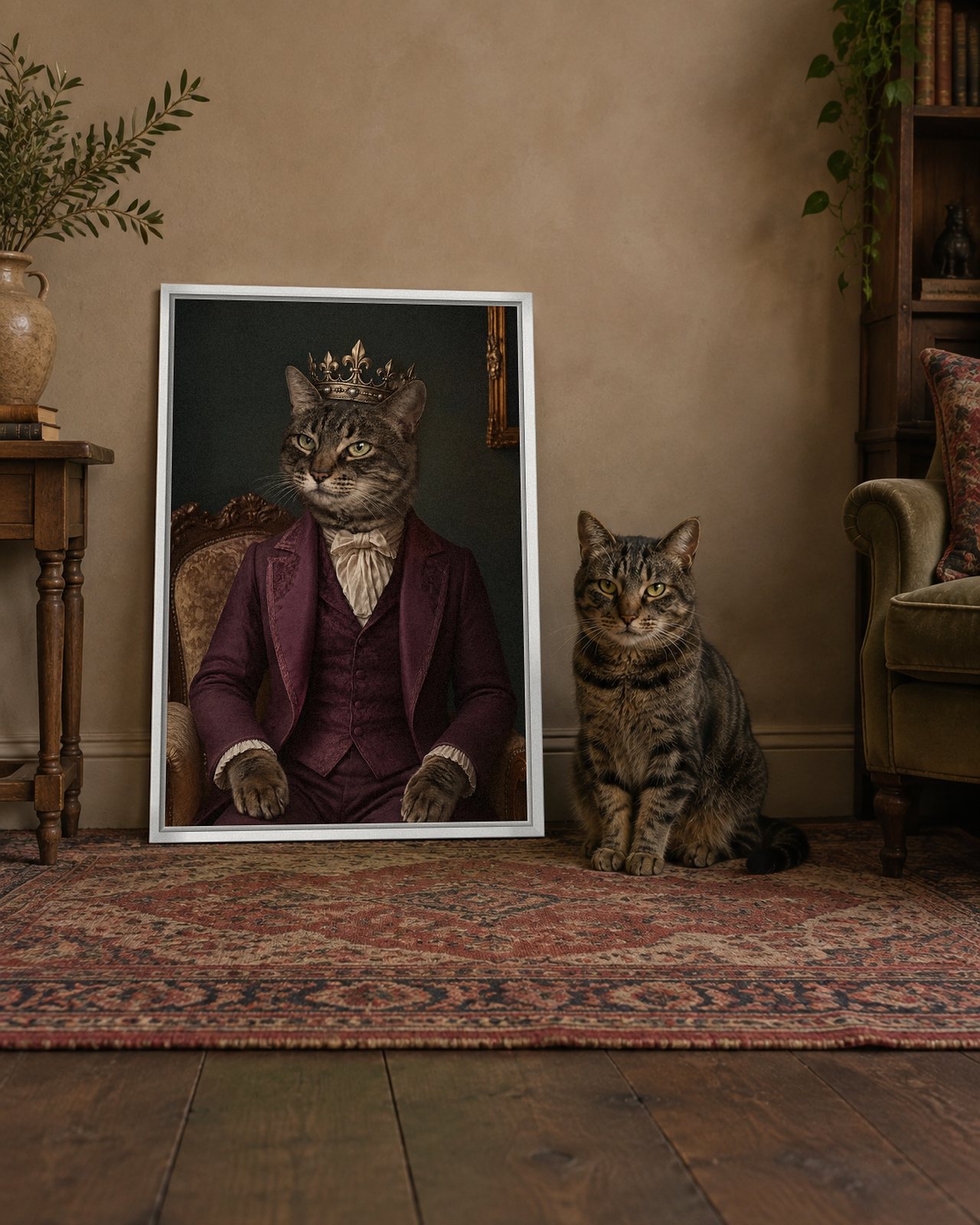 Regency Gentleman portrait on canvas in a white floating frame in a traditional sitting room, with the cat beside it