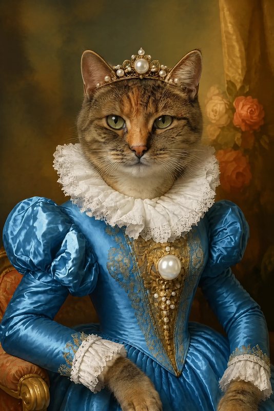 The Elizabethan Lady look made with a tortoiseshell tabby cat