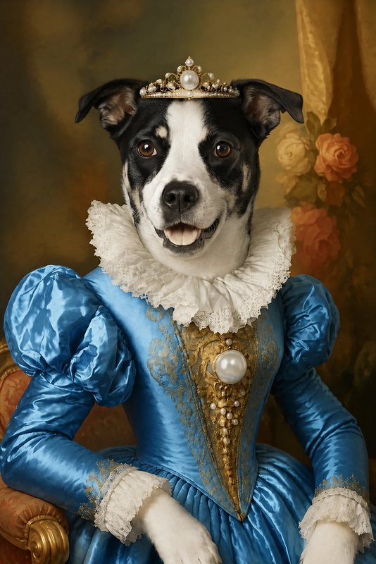 The Elizabethan Lady look made with a black-and-white dog