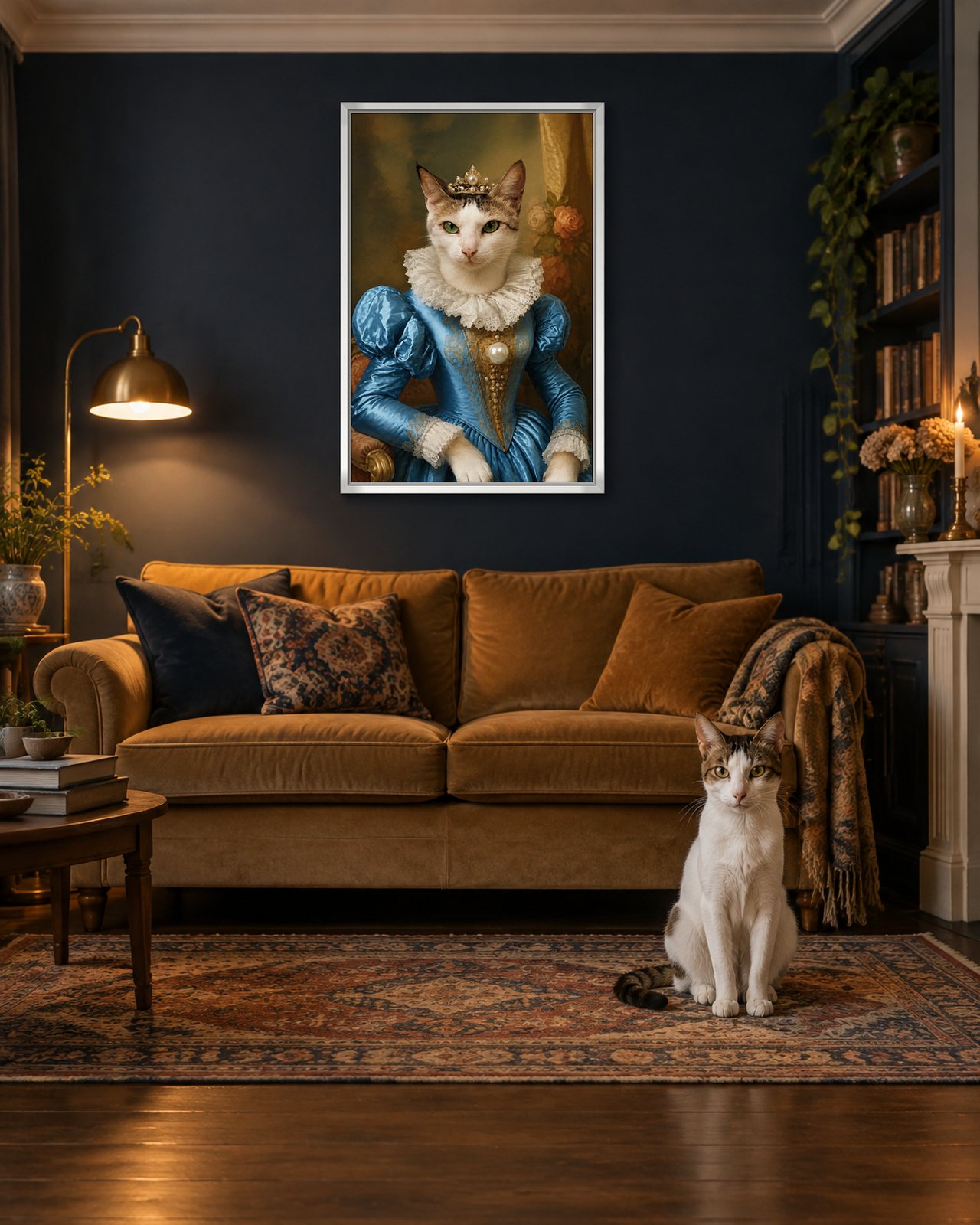 Elizabethan Lady portrait on canvas in a white floating frame in a navy sitting room, with the cat beside it