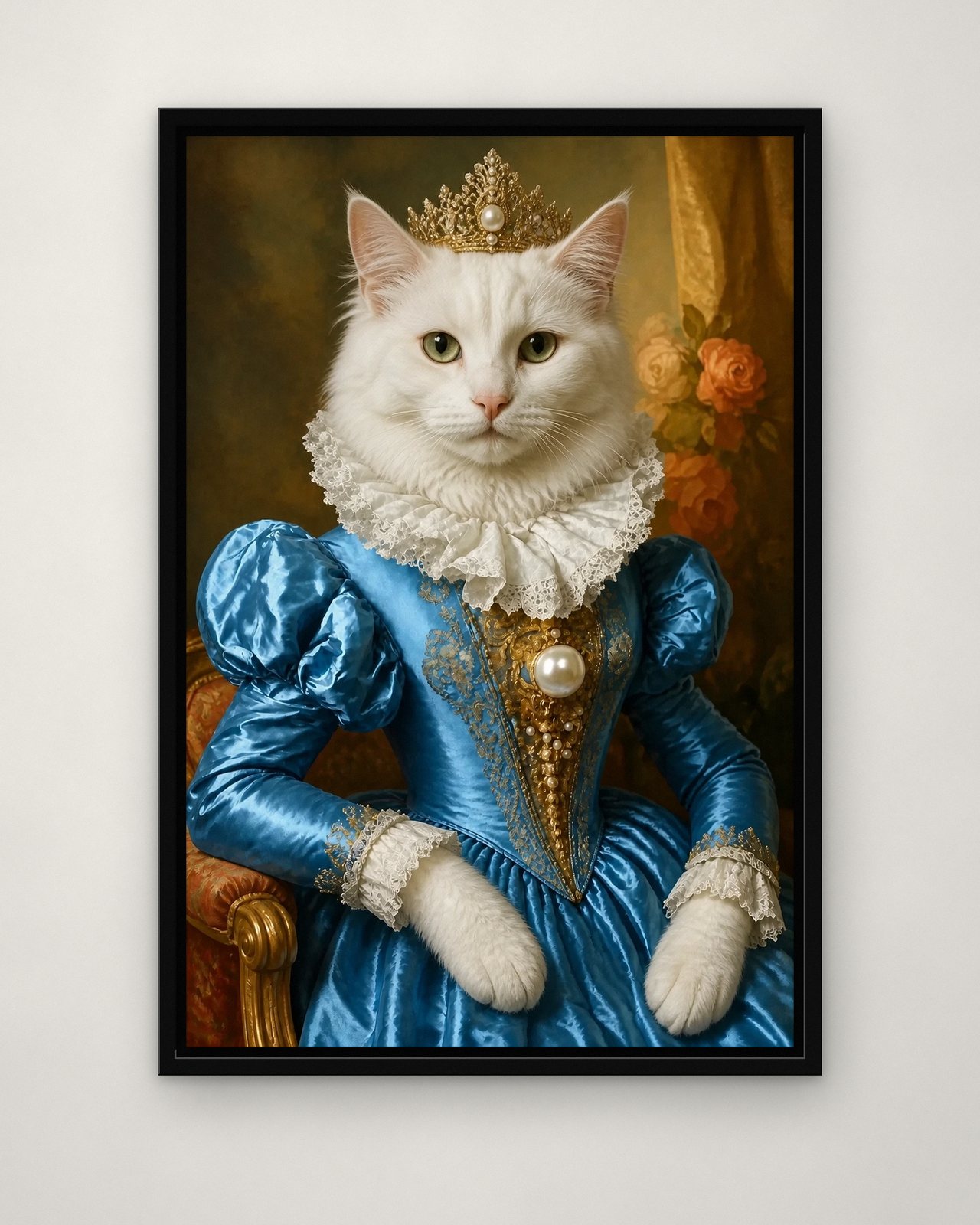Elizabethan Lady portrait on canvas in a black floating frame on a plain wall