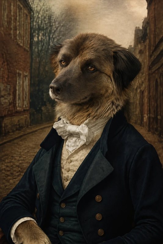The Regency Stroll look made with a big fluffy sable dog