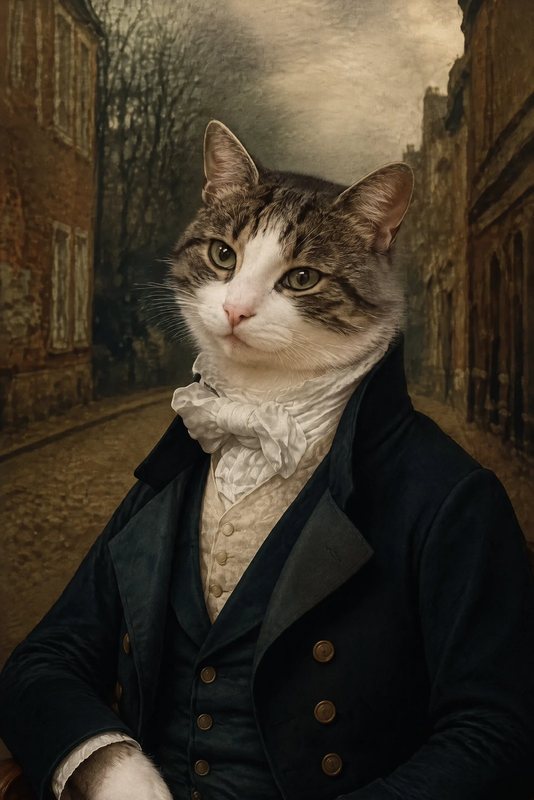 The Regency Stroll look made with a tabby-and-white cat