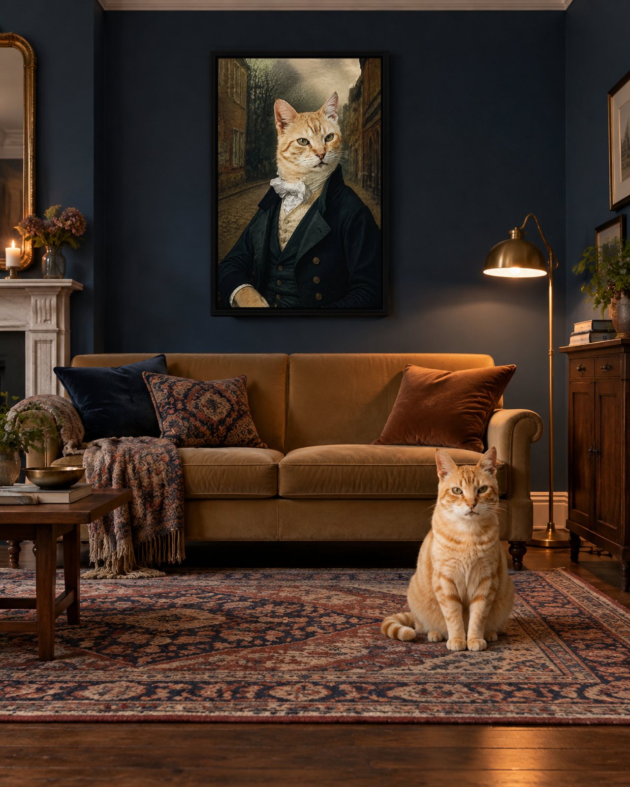 Regency Stroll portrait on canvas in a black floating frame in a navy sitting room, with the cat beside it