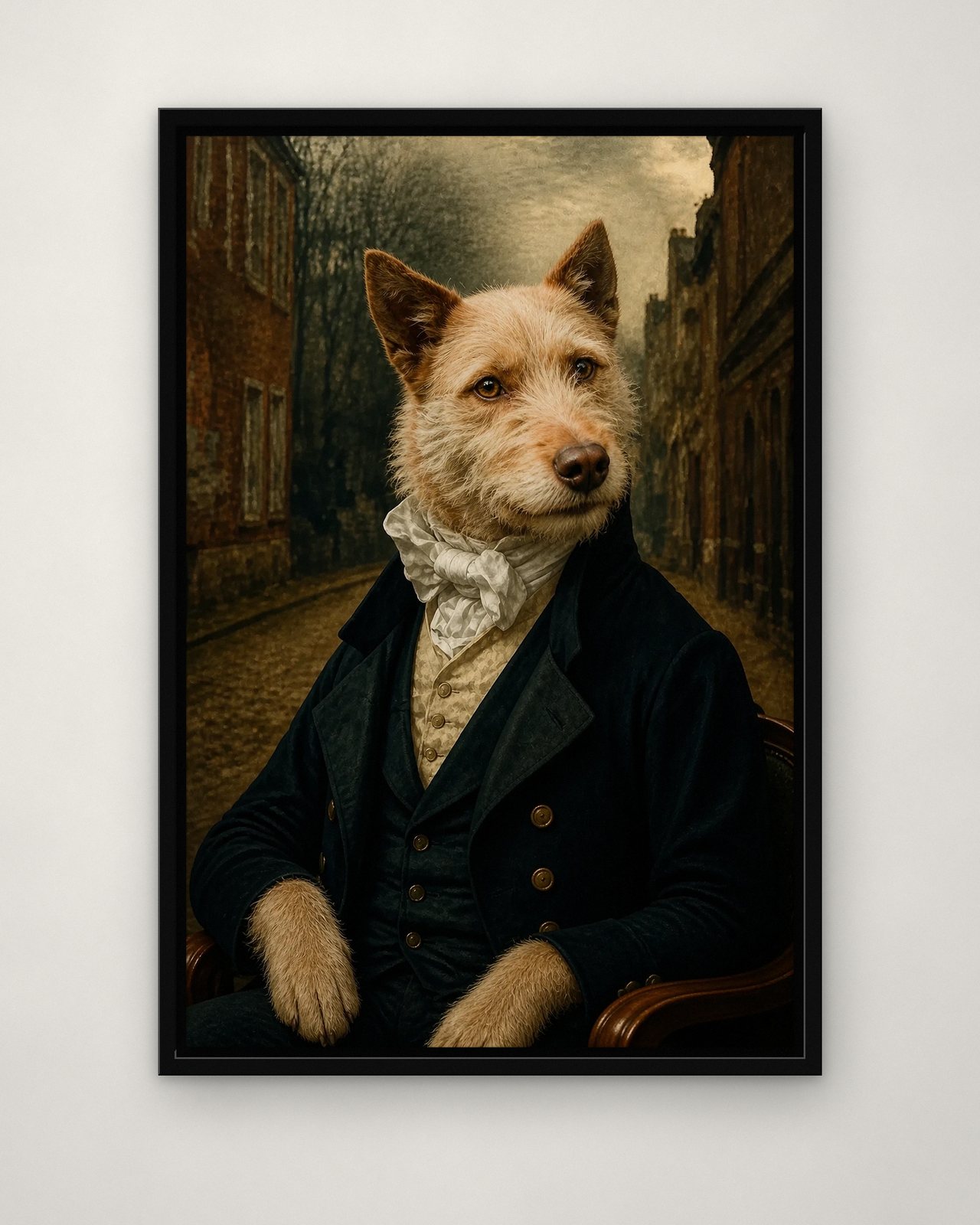 Regency Stroll portrait on canvas in a black floating frame on a plain wall