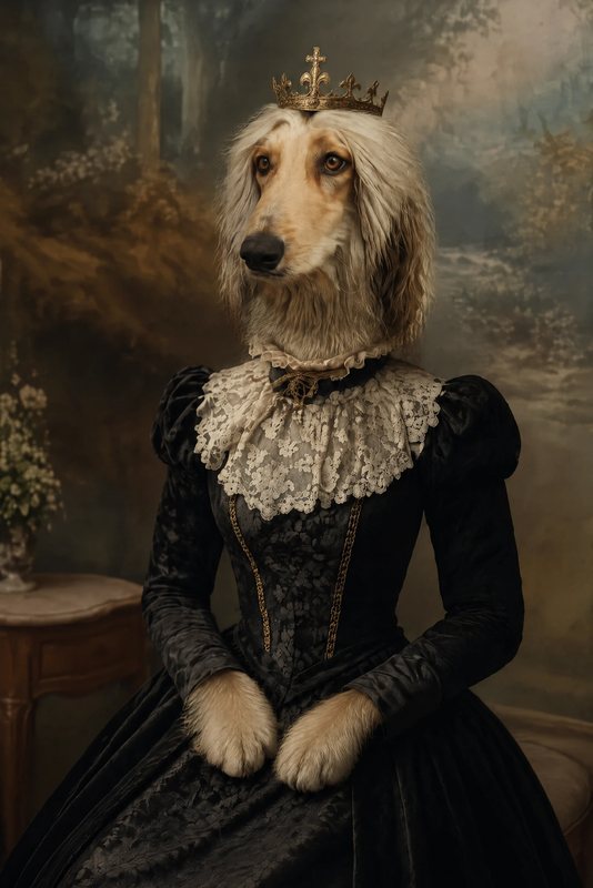 The Victorian Lady look made with a cream Afghan hound