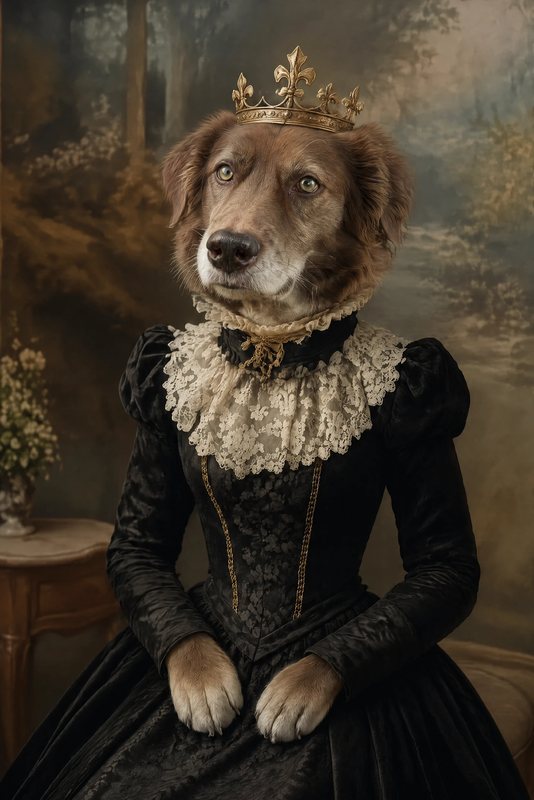 The Victorian Lady look made with a chocolate shepherd-collie mix