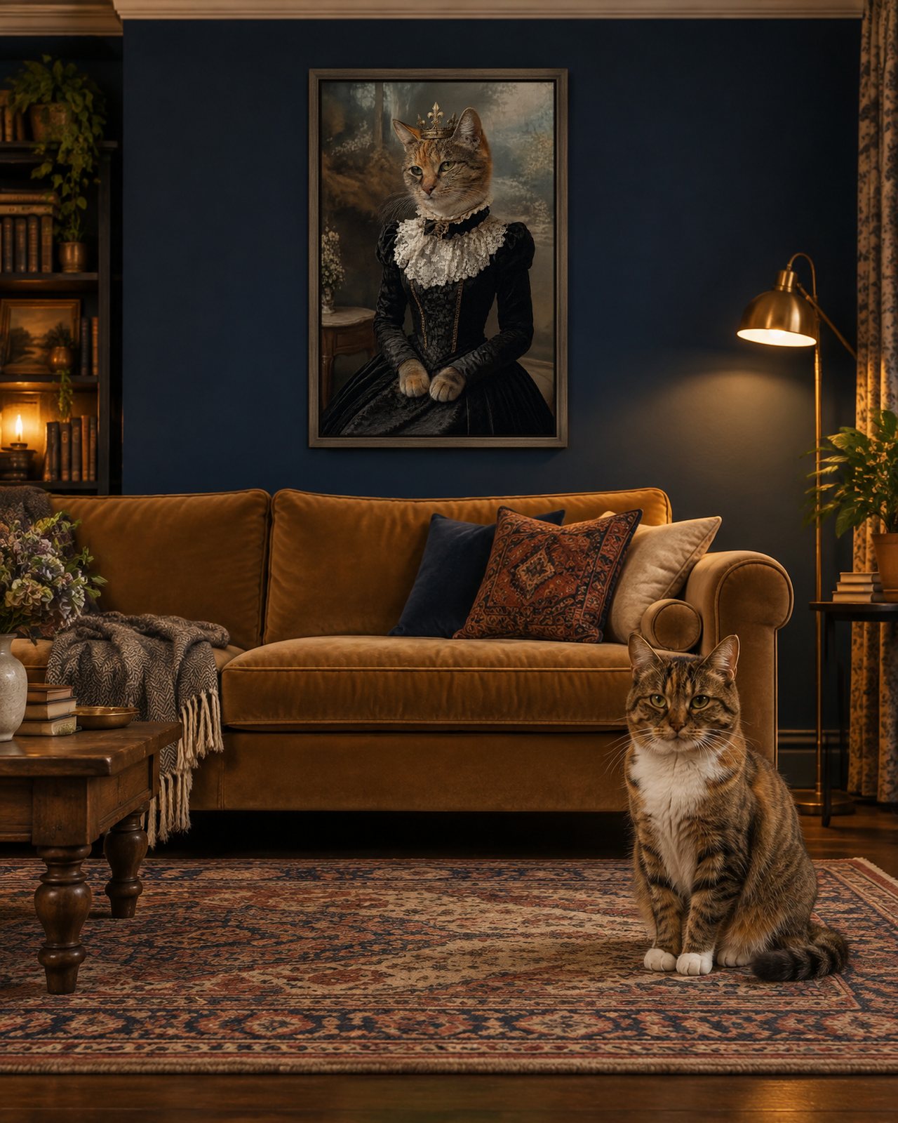 Victorian Lady portrait on canvas in a brown floating frame in a navy sitting room, with the cat beside it