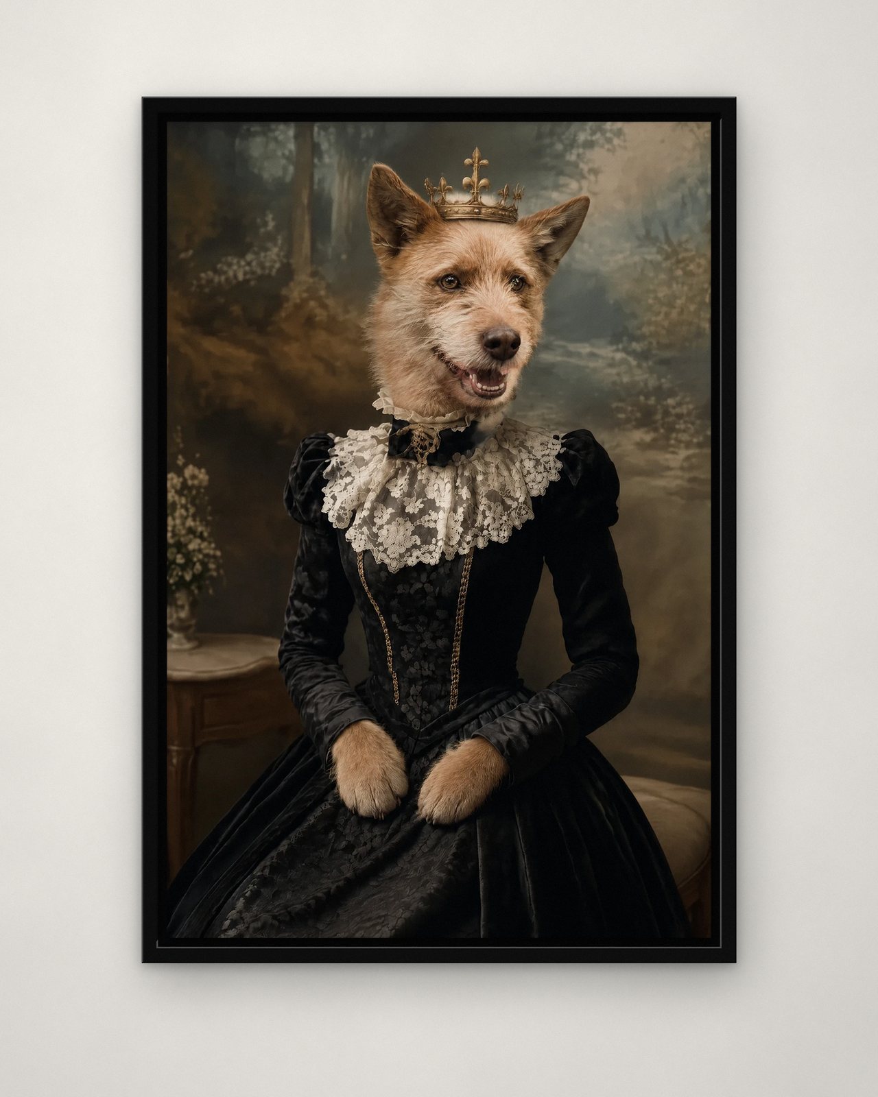 Victorian Lady portrait on canvas in a black floating frame on a plain wall