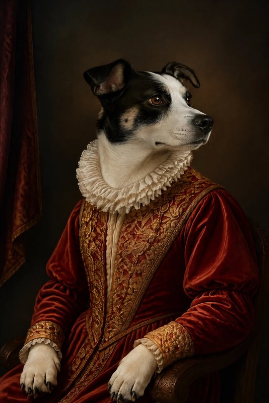 The Renaissance Noble look made with a black-and-white dog