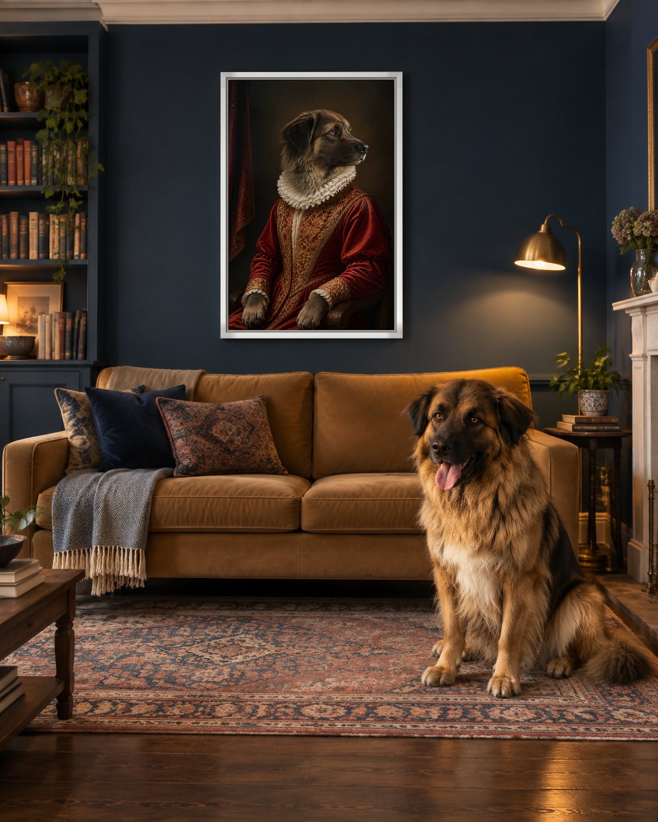Renaissance Noble portrait on canvas in a white floating frame in a navy sitting room, with the dog beside it