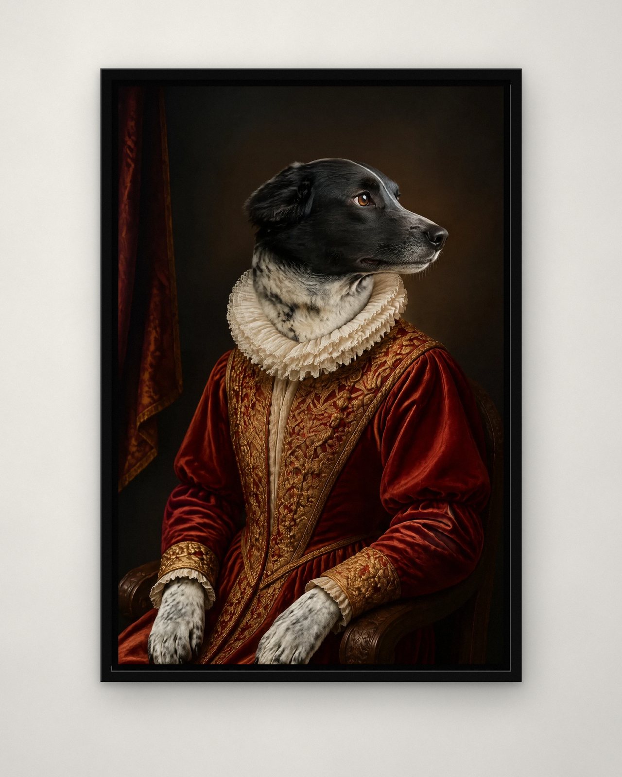 Renaissance Noble portrait on canvas in a black floating frame on a plain wall