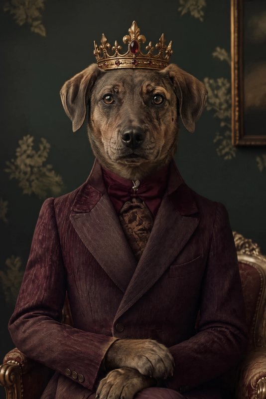 The Victorian Gentleman look made with a brindle mixed-breed dog