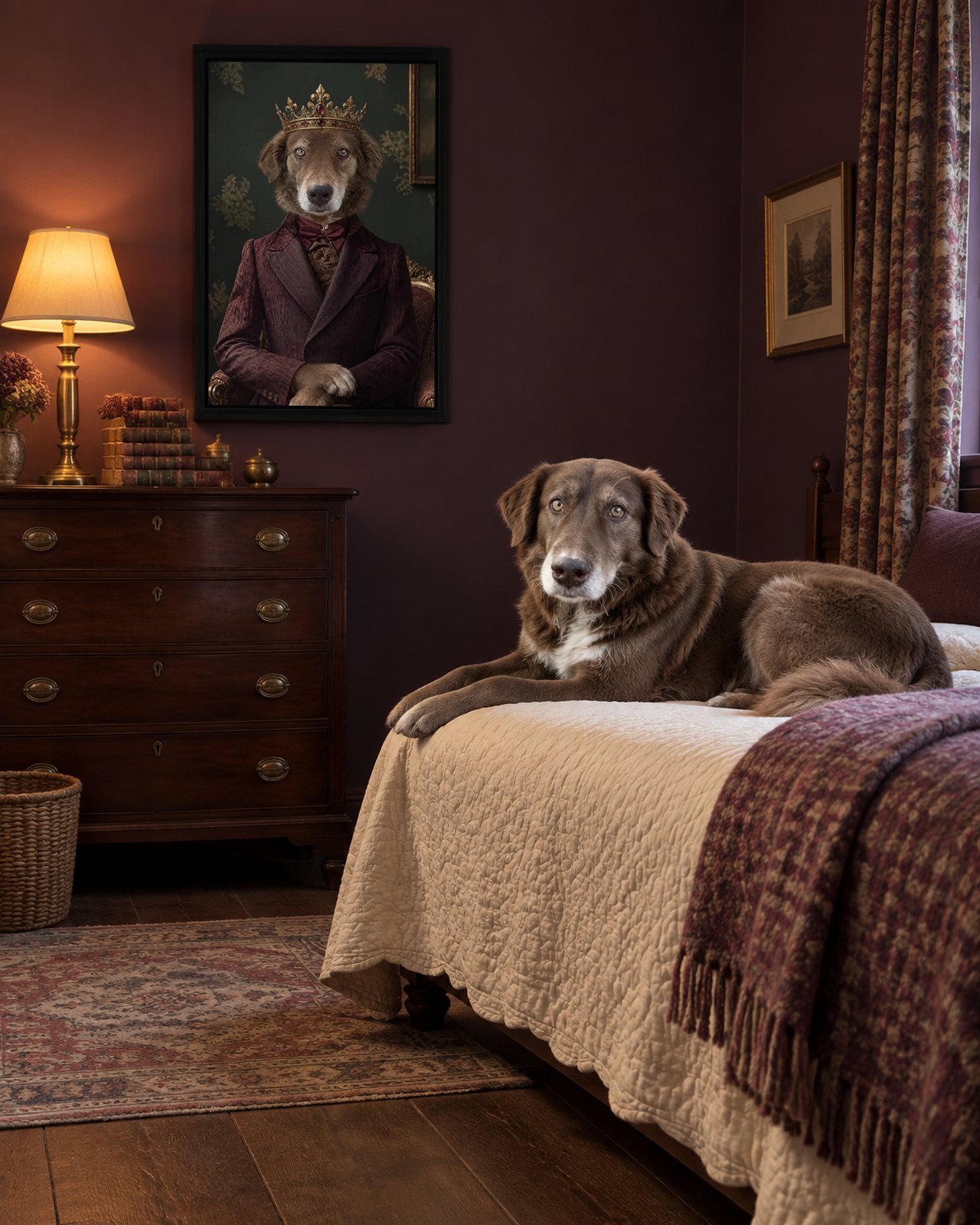 Victorian Gentleman portrait on canvas in a black floating frame in a plum bedroom, with the dog beside it