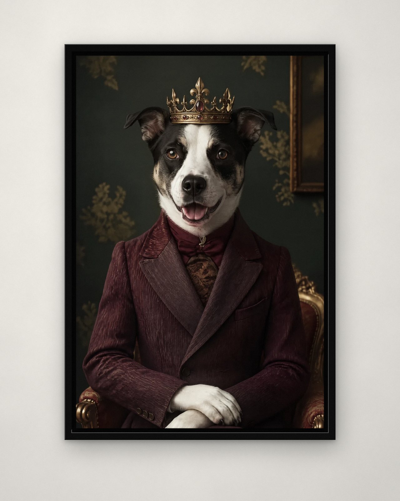Victorian Gentleman portrait on canvas in a black floating frame on a plain wall