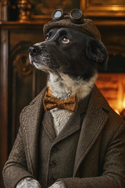 The Tweed Motorist look made with a black-and-white speckled dog