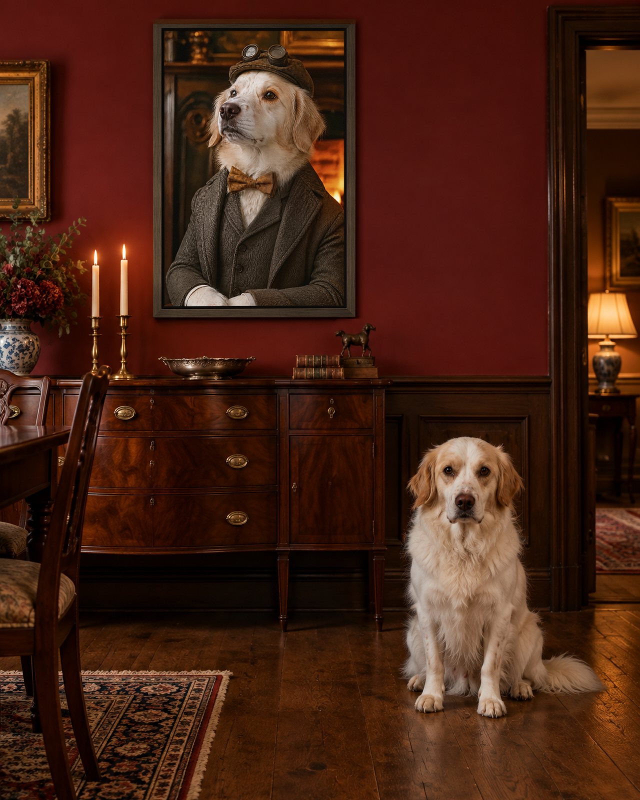 Tweed Motorist portrait on canvas in a brown floating frame in an oxblood dining room, with the dog beside it