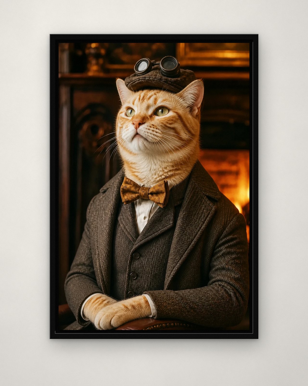 Tweed Motorist portrait on canvas in a black floating frame on a plain wall