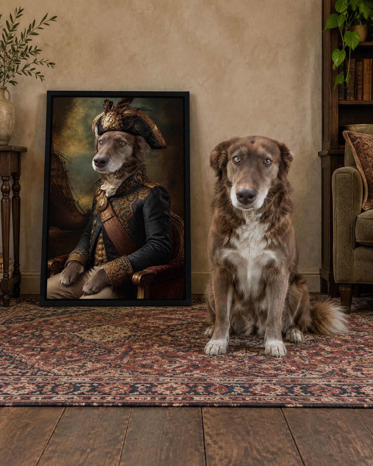 Naval Admiral portrait on canvas in a black floating frame in a traditional sitting room, with the dog beside it