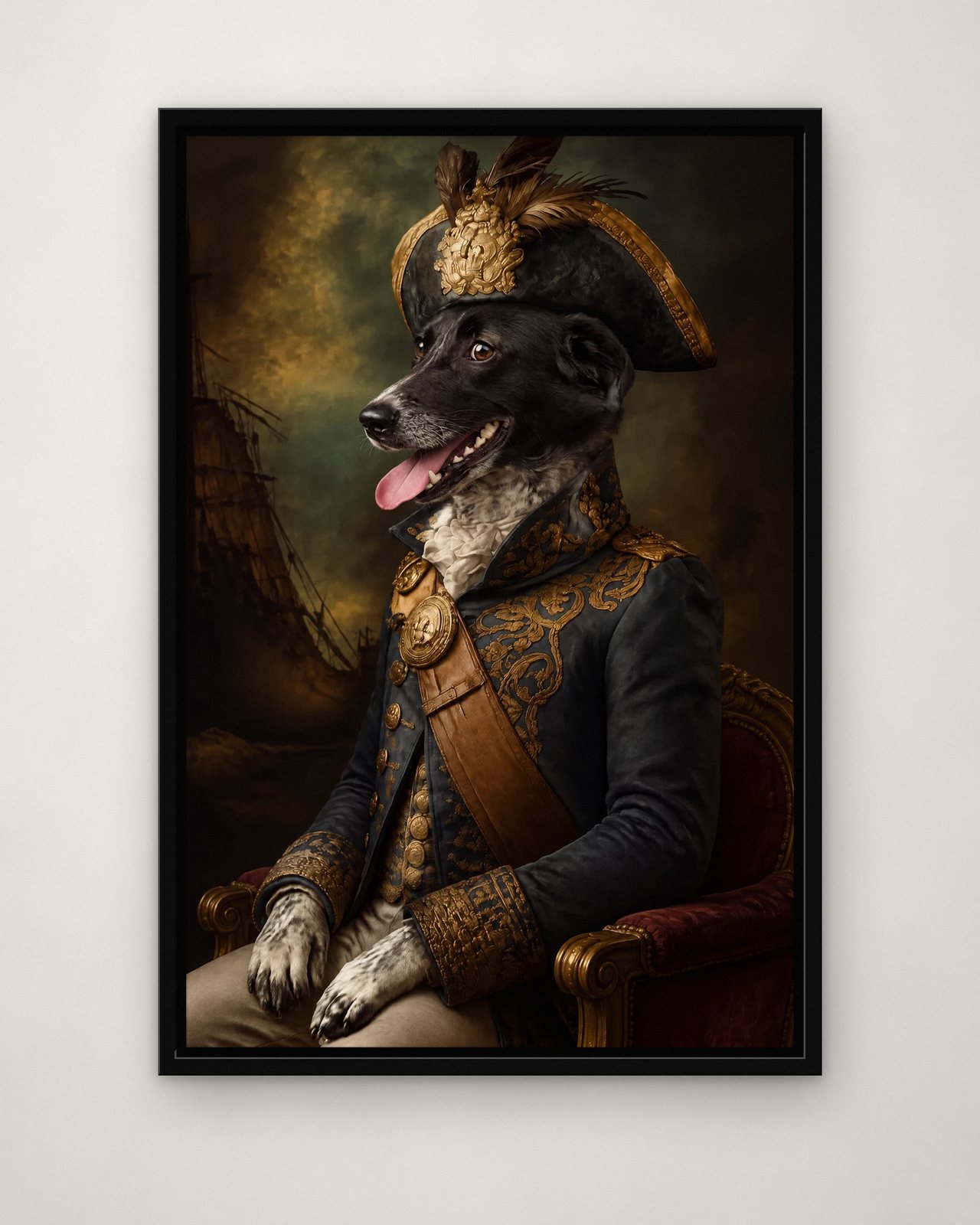 Naval Admiral portrait on canvas in a black floating frame on a plain wall