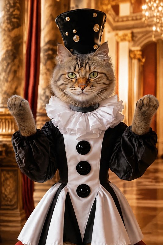 The Pierrot look made with a long-haired tabby cat