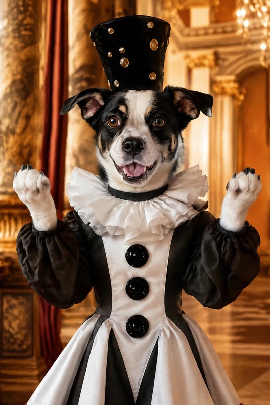 The Pierrot look made with a black-and-white dog