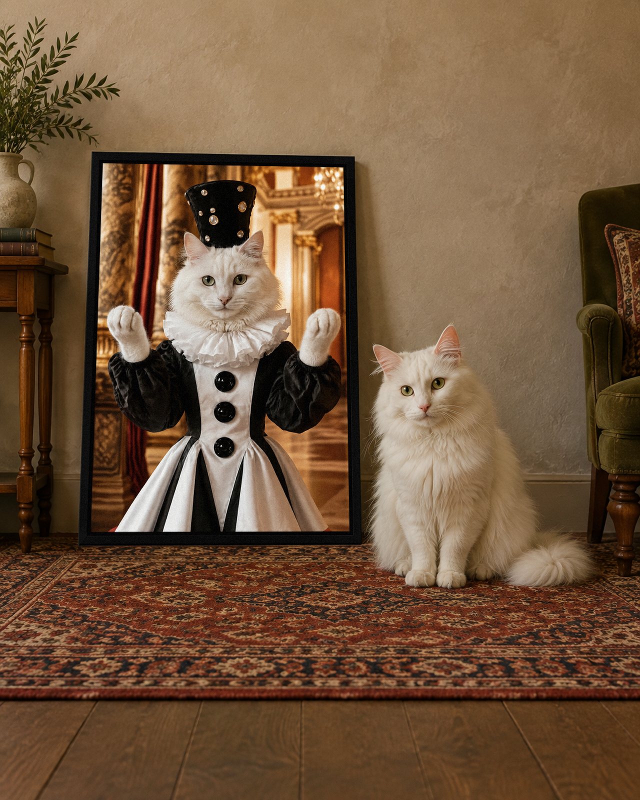 Pierrot portrait on canvas in a black floating frame in a traditional sitting room, with the cat beside it