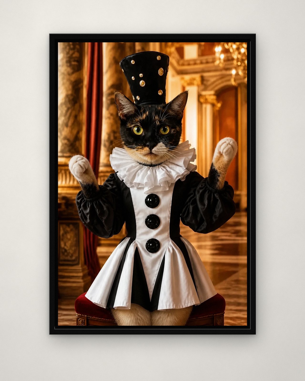 Pierrot portrait on canvas in a black floating frame on a plain wall