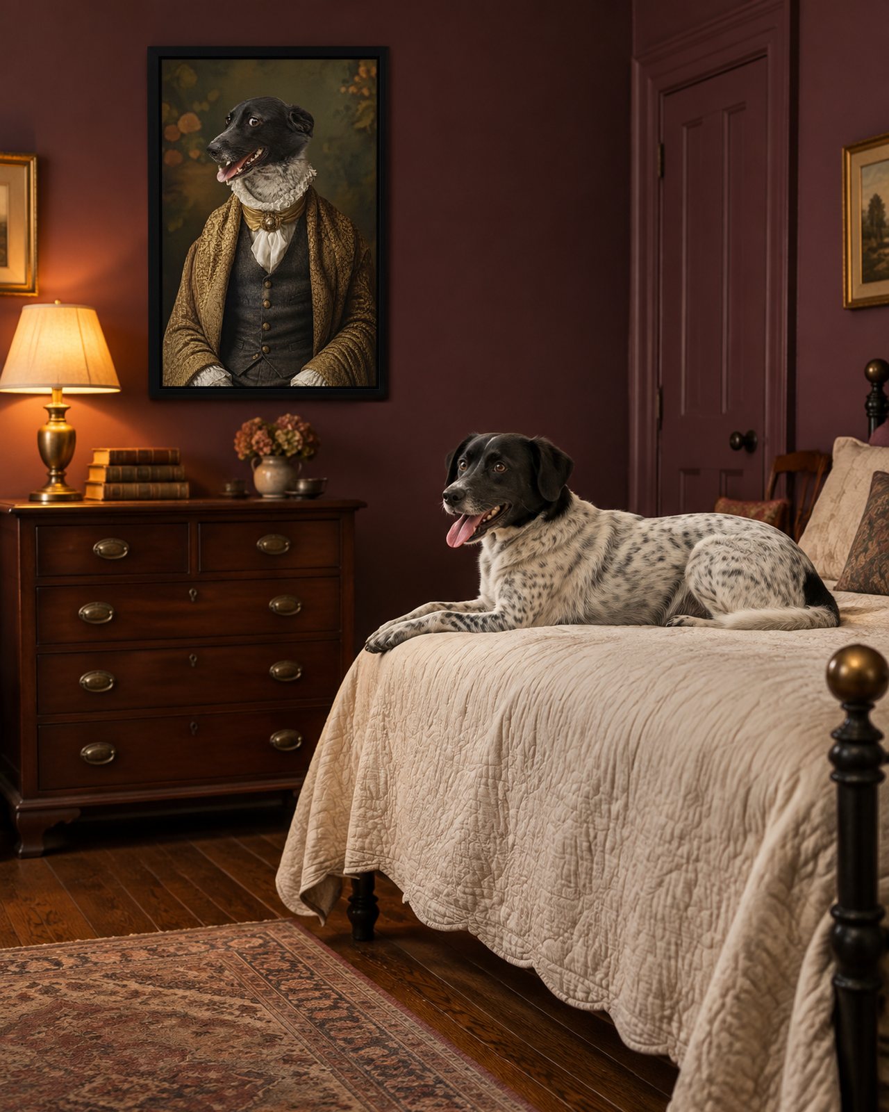 Noble Gentleman portrait on canvas in a black floating frame in a plum bedroom, with the dog beside it