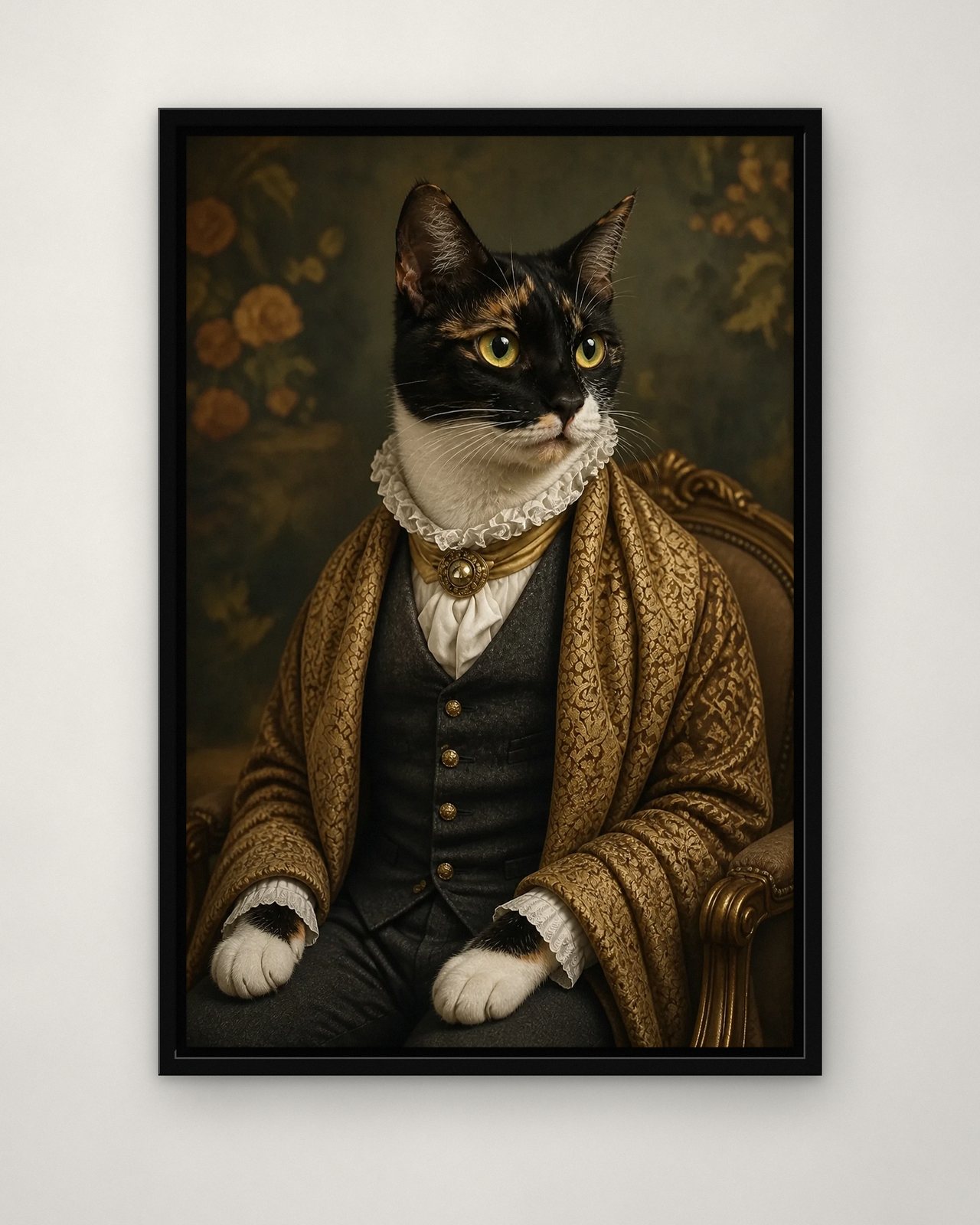 Noble Gentleman portrait on canvas in a black floating frame on a plain wall
