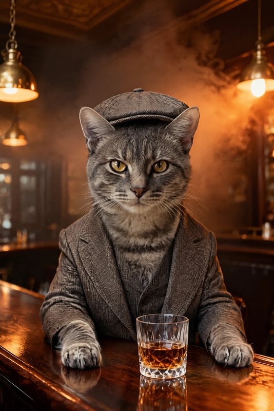 The Boss look made with a grey tabby cat
