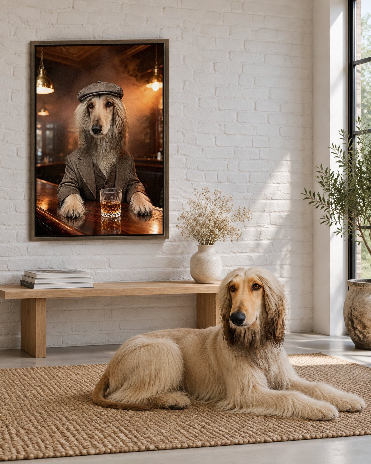 The Boss portrait on canvas in a brown floating frame in a white-brick studio, with the dog beside it