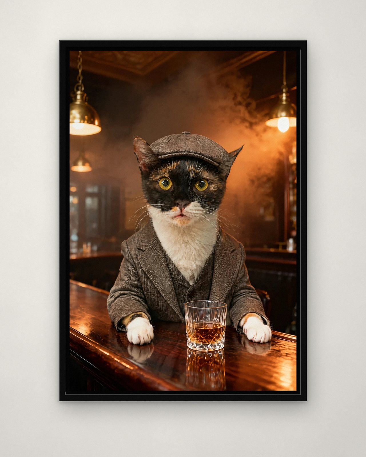 The Boss portrait on canvas in a black floating frame on a plain wall
