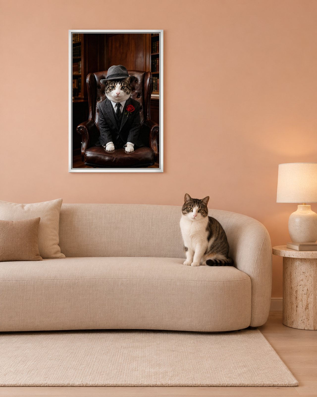 The Don portrait on canvas in a white floating frame in a peach living room with a curved sofa, with the cat beside it