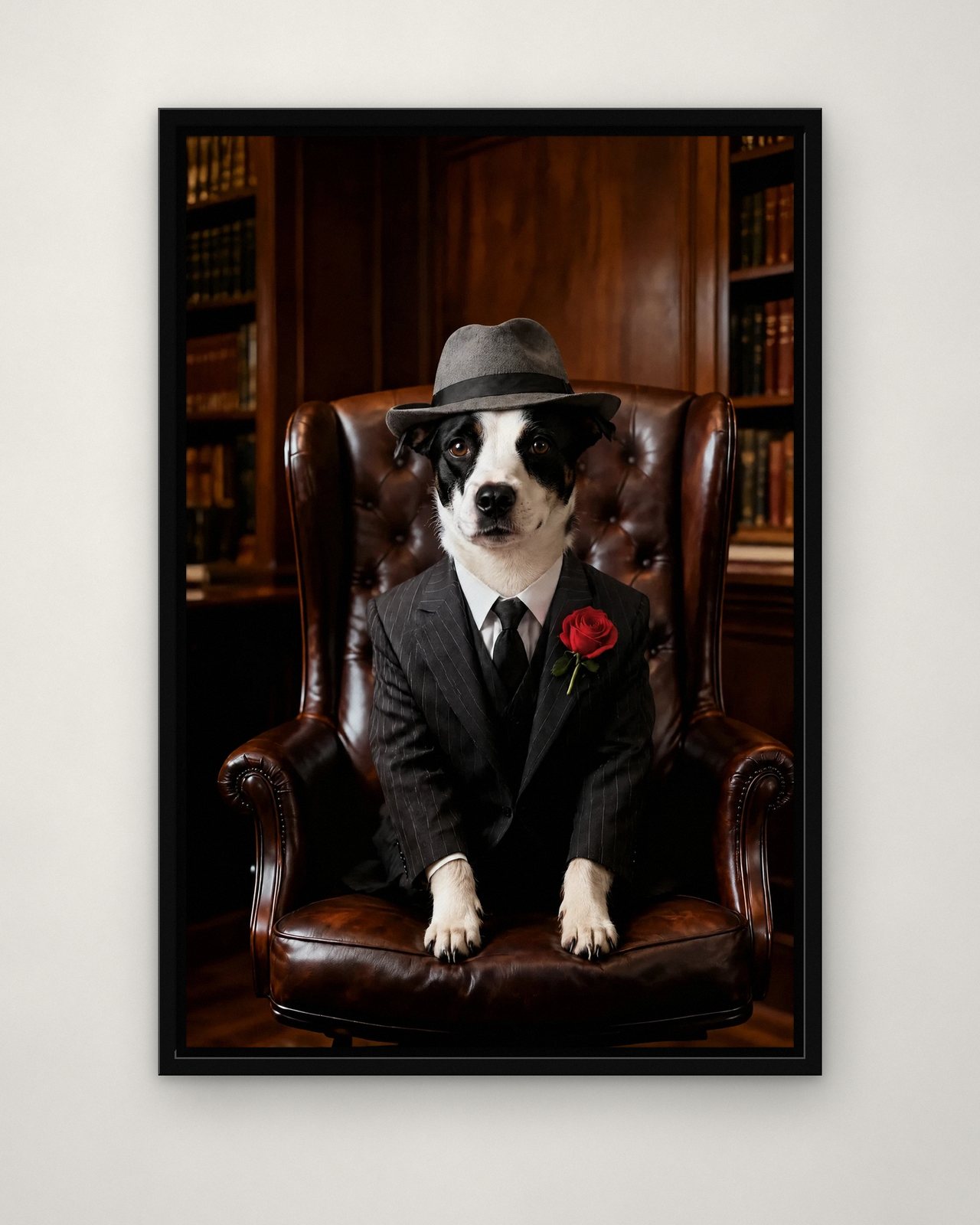 The Don portrait on canvas in a black floating frame on a plain wall