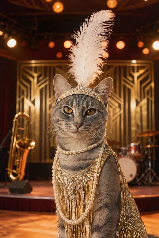 The Flapper look made with a grey tabby cat