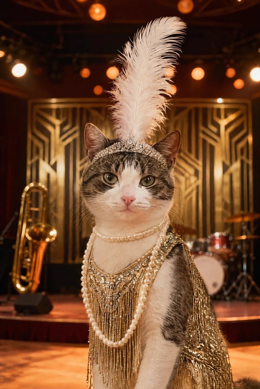 The Flapper look made with a tabby-and-white cat