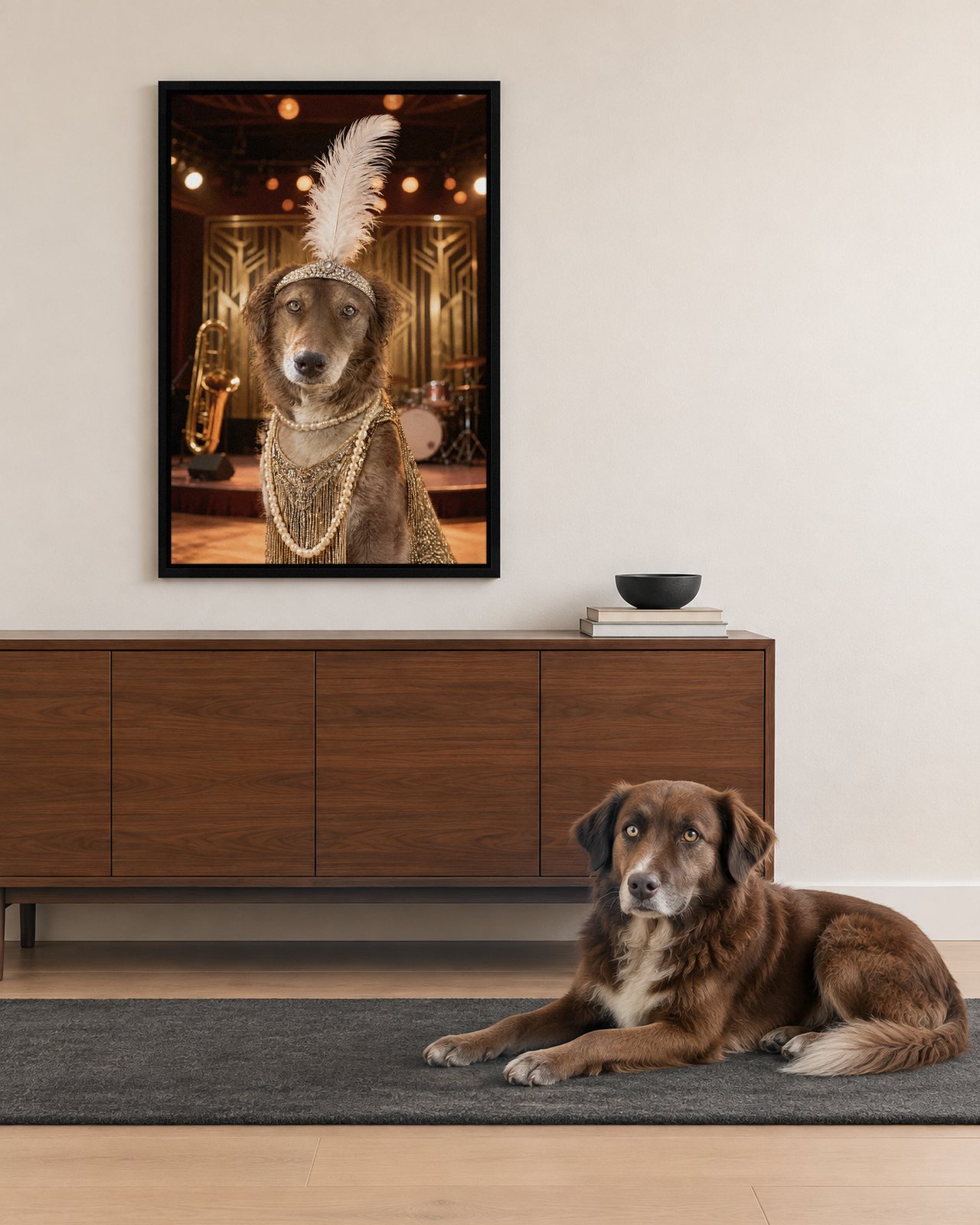 The Flapper portrait on canvas in a black floating frame in a white hallway with a walnut sideboard, with the dog beside it