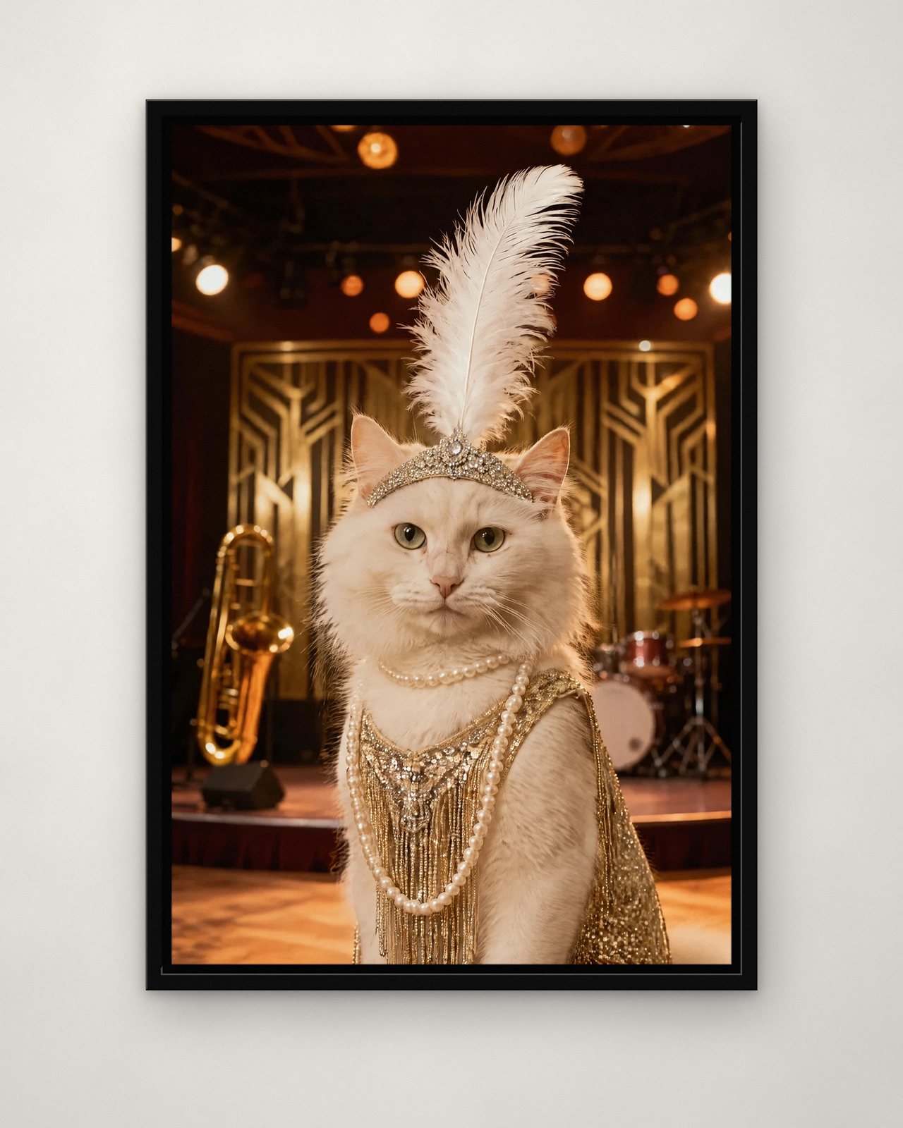 The Flapper portrait on canvas in a black floating frame on a plain wall