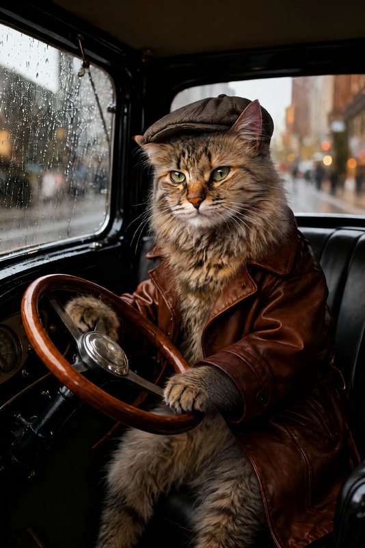 The Getaway Driver look made with a long-haired tabby cat