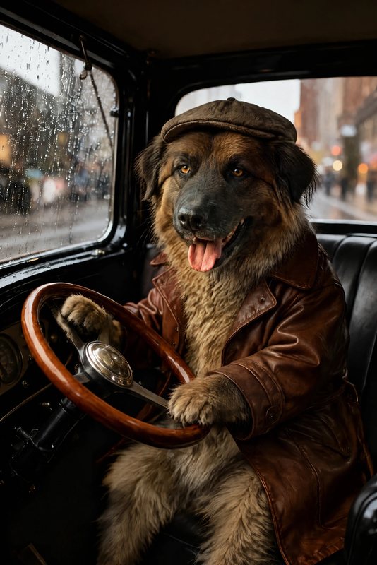 The Getaway Driver look made with a big fluffy sable dog