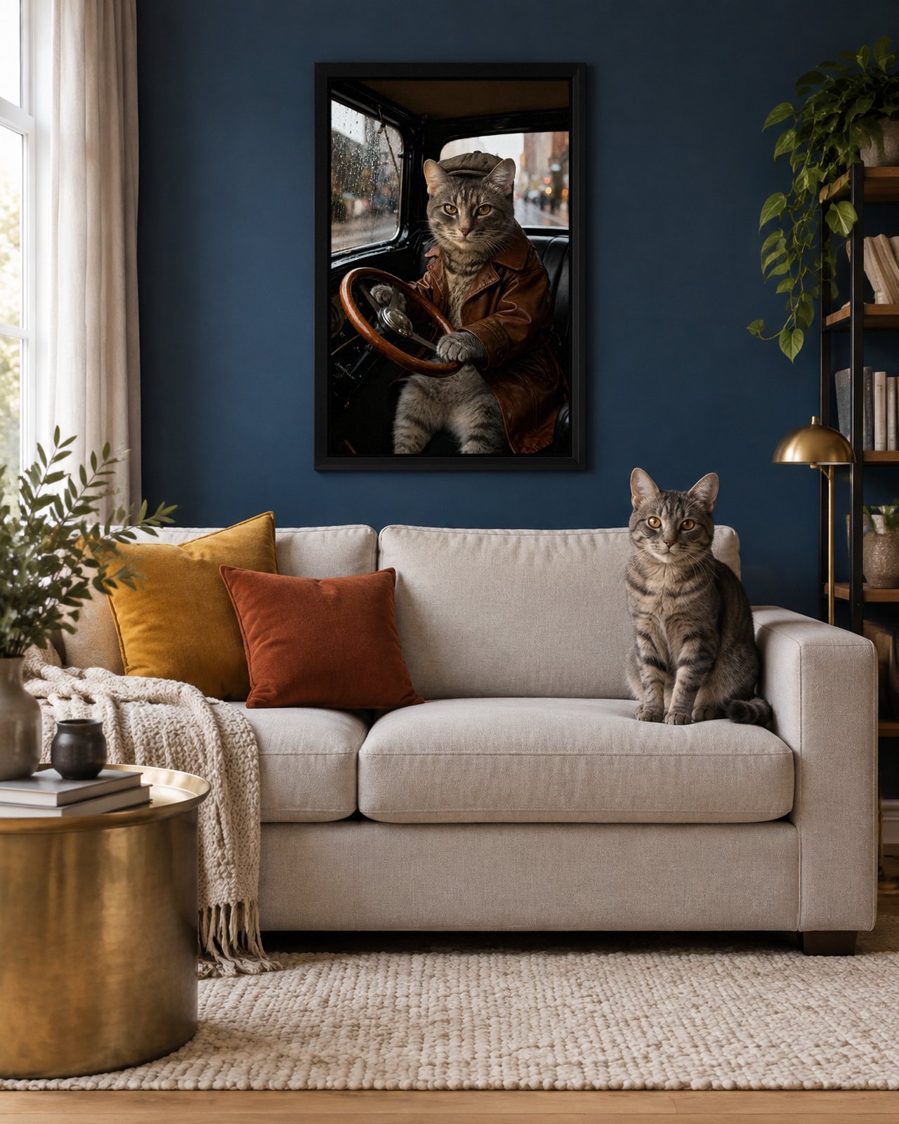 The Getaway Driver portrait on canvas in a black floating frame in a navy-blue living room, with the cat beside it