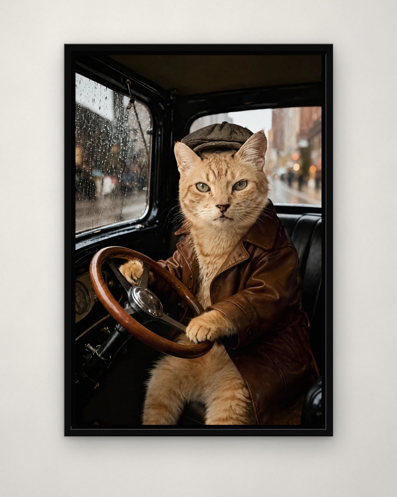The Getaway Driver portrait on canvas in a black floating frame on a plain wall