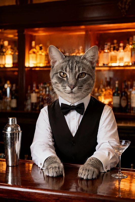 The Speakeasy Bartender look made with a grey tabby cat