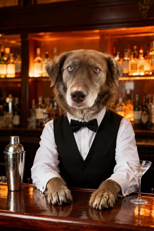 The Speakeasy Bartender look made with a chocolate shepherd-collie mix