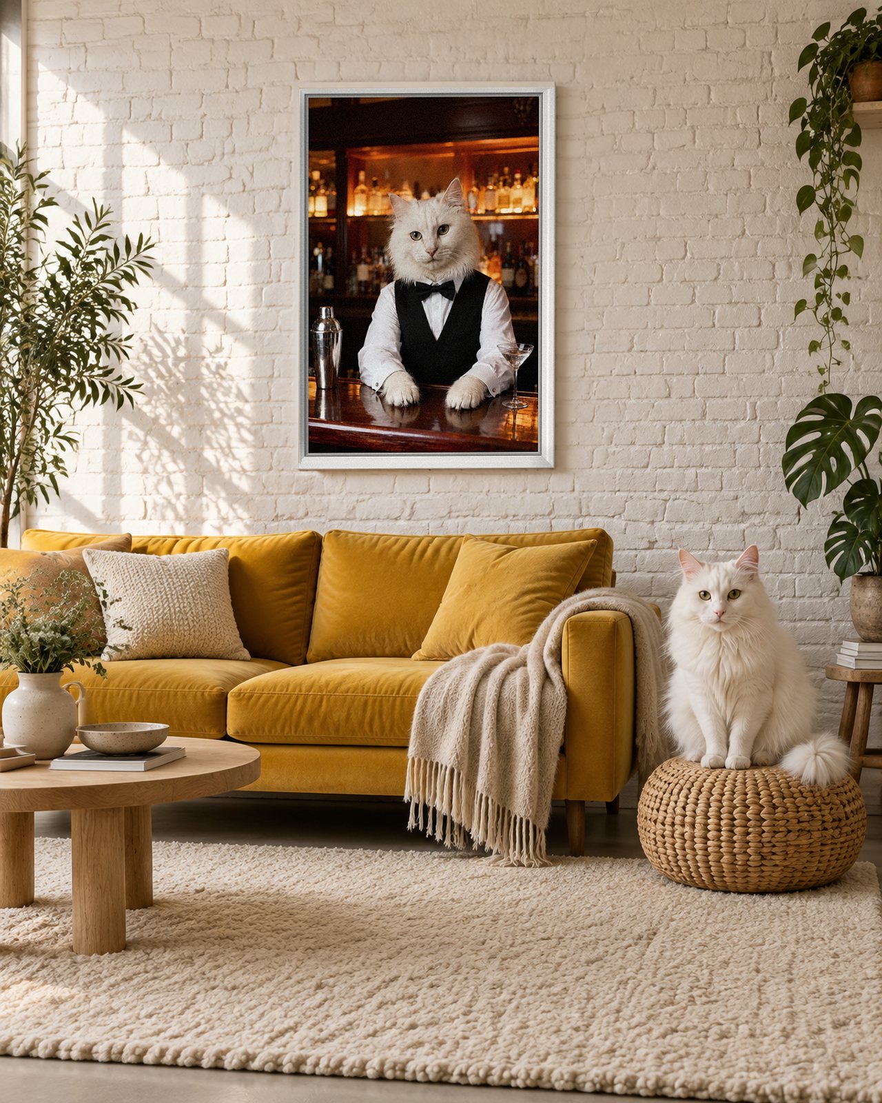 Speakeasy Bartender portrait on canvas in a white floating frame in a loft with a cream rug, with the cat beside it