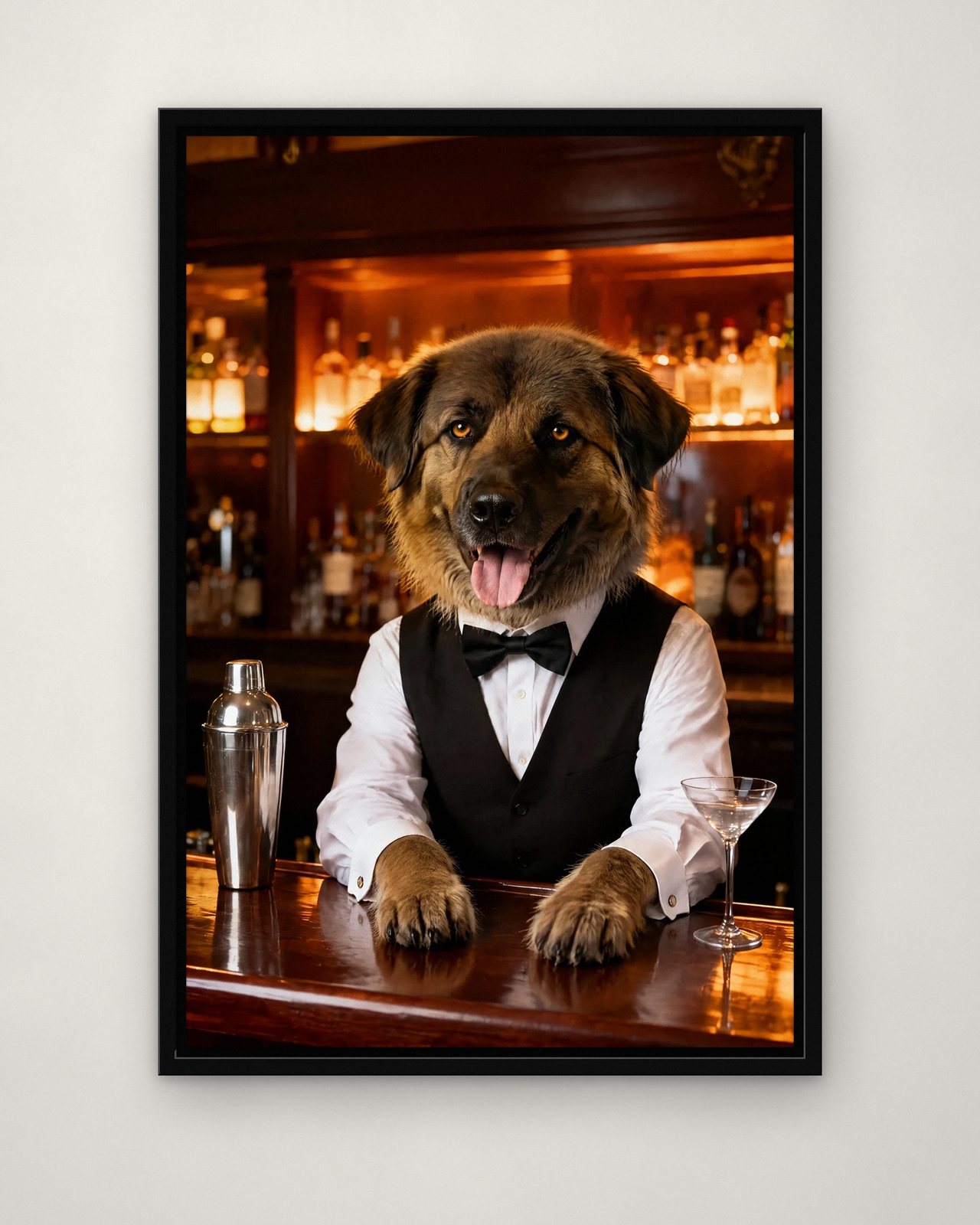 Speakeasy Bartender portrait on canvas in a black floating frame on a plain wall